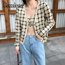 Bazaleas harajuku тартан вязаный женский костюм уличная укороченный топ и женский свитер кардиган винтажный женский pull femme дропшиппинг