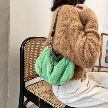

Solid Color Faux Fur Women Small Shoulder Bags Winter Plush Ladies Chain Underarm Bag Luxury Design Female Tote Purse Handbags