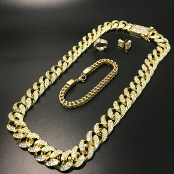 

Hip Hop Men Necklace Gold Color Ice Out Cuban Crystal Miami Chain Men Cross Necklace & Bracelet & Ring & Earrings jewerly Set