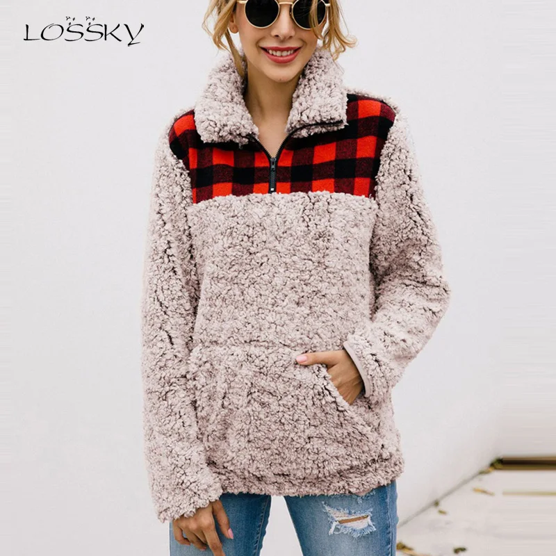 Günstige Lossky Frauen Plaid Nähte Langarm Sweatshirt Herbst Winter Plüsch Warme Tops Zipper Front Tasche Kleidung Weibliche Streetwear