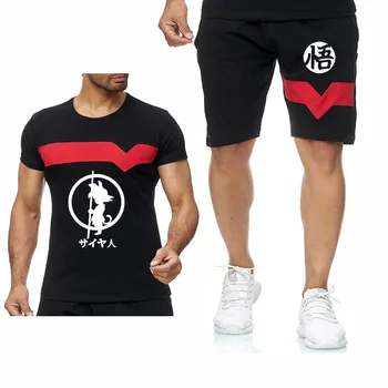 

Summer New Round Neck Men T-shirt Goku logo Print Fashion Stitching Cotton Quick Dry Hedging Men Tshirt Pants Set Men Sportswear