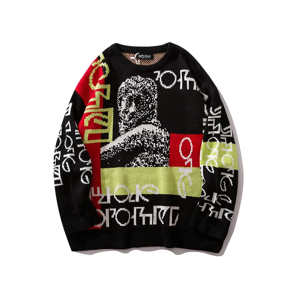 Пуловер жаккардовый с круглым вырезом и длинным рукавом в стиле хип-хоп | Мужская