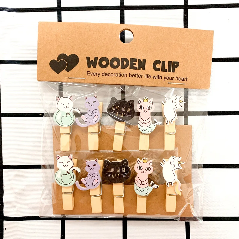 KYMLL 1 Set Cat Photo Clip Cute Cartoon Wooden Clips Photo Paper Peg Pin Craft Clips with 1m Hemp Rope Multi Picture Clip for Hanging Photos 
