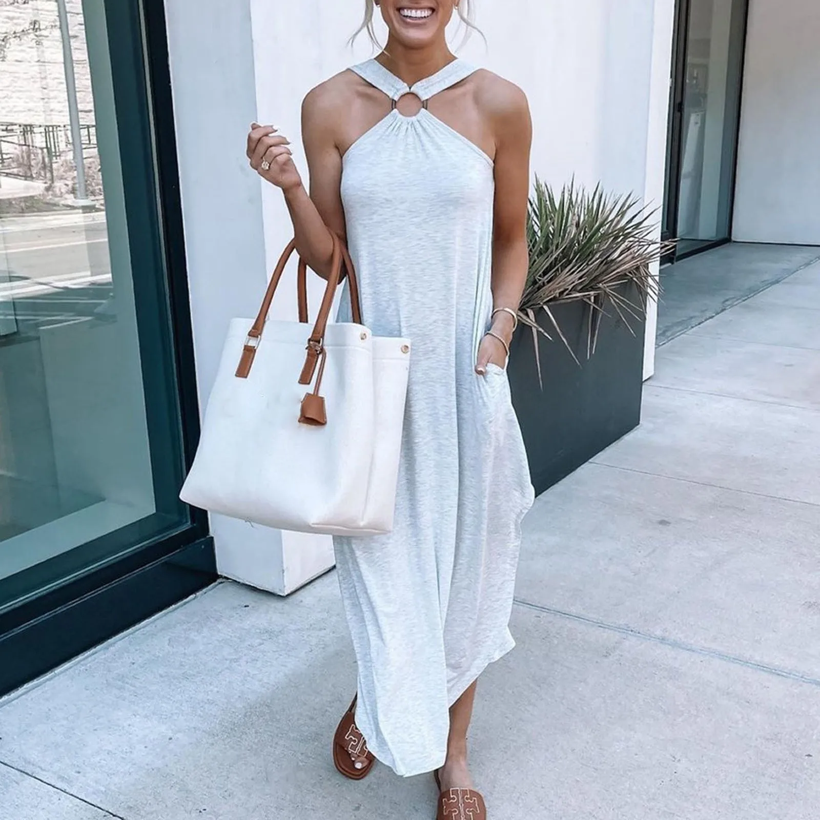 Casual Summer Ring Halter Split Maxi Dress Women Sexy Off Shoulder Backless Party Dress Elegant Sleeveless Pocket Long Vestido 1