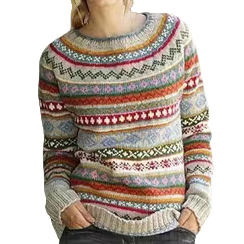 Vicabo, женская мода, круглый вырез, бохо, длинный рукав, пуловер, свитера, жаккард, вязанный, мягкий, свободный, сохраняет тепло, свитер, топы