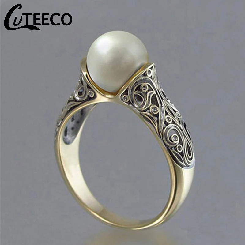 

Cuteeco 2019 Hots Vintage Gold Color Punk Flower Big Simulated Pearl Retro Ring For Woman Party Jewelry Dropshipping