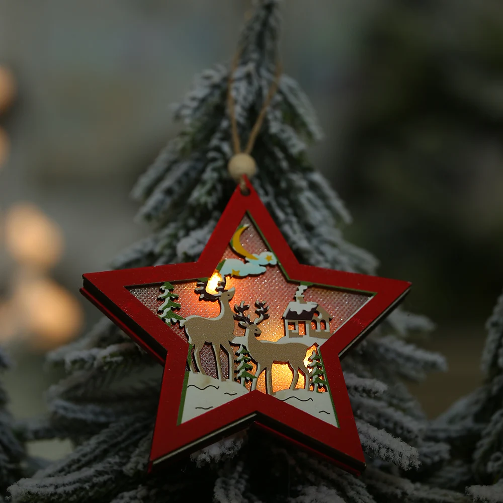 Креативный новогодний светодиодный светильник, подвесная подвеска на елку, деревянные украшения в форме звезды, рождественские вечерние украшения для дома - Цвет: star
