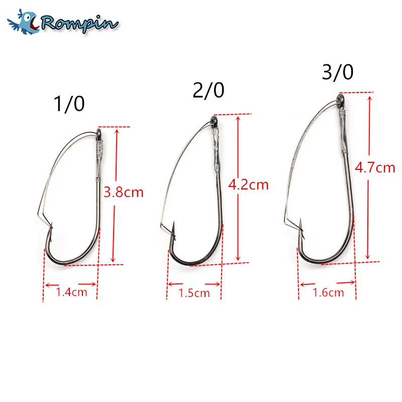 Rompin 10pcs/box W3369 Weedless Barbed Fishing Hook Sizes 1/0-3/0 High Carbon Steel Bass Single Worm hook lure bait holder