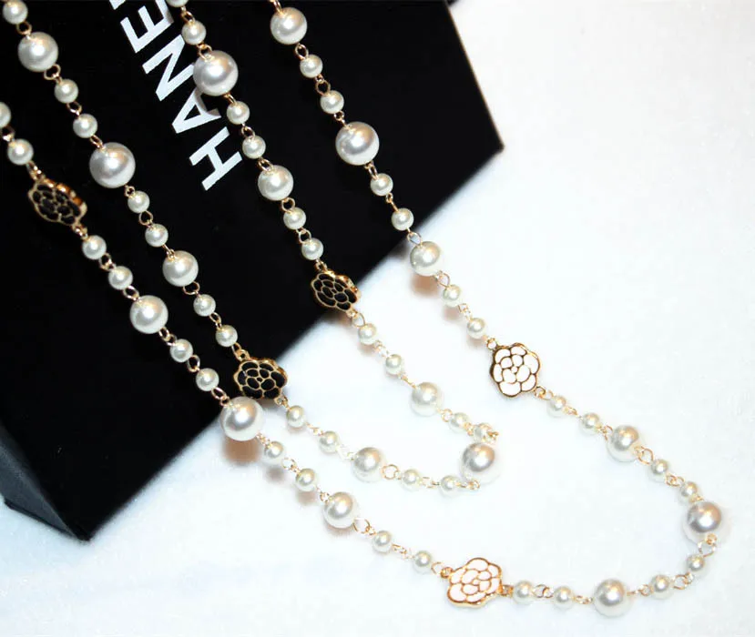 Layered Pearls Beads Flower Long Pendant Sweater Necklace for Women