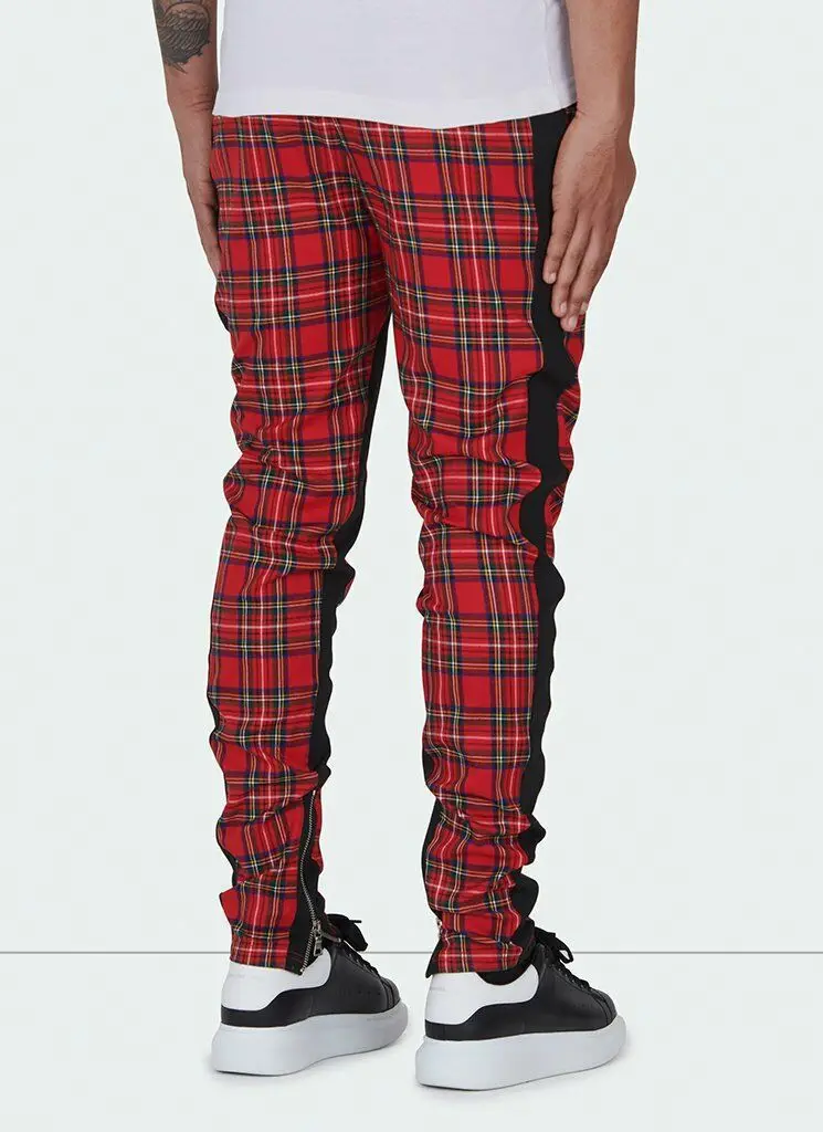 Fashion Mens Joggers Zipper Up Casual Pants Striped Plaid Trouser