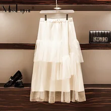 XL-5XL размера плюс, женские сетчатые юбки, осень, модные, эластичная талия, сетка, пэтчворк, бант, оборки, трапециевидная юбка средней длины, белая