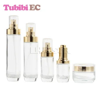 

5pcs/lot High-grade Gold Plated Cover Transparent Glass Press Dropper Lotion Bottles Cream Jars Cosmetic Packaging Containers