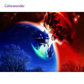 

Blue Circle Night Background with Red Starry Sky Twinkle Stars The Hedgehog Sonic with Shadow Oil Painting Black Birds Backdrops