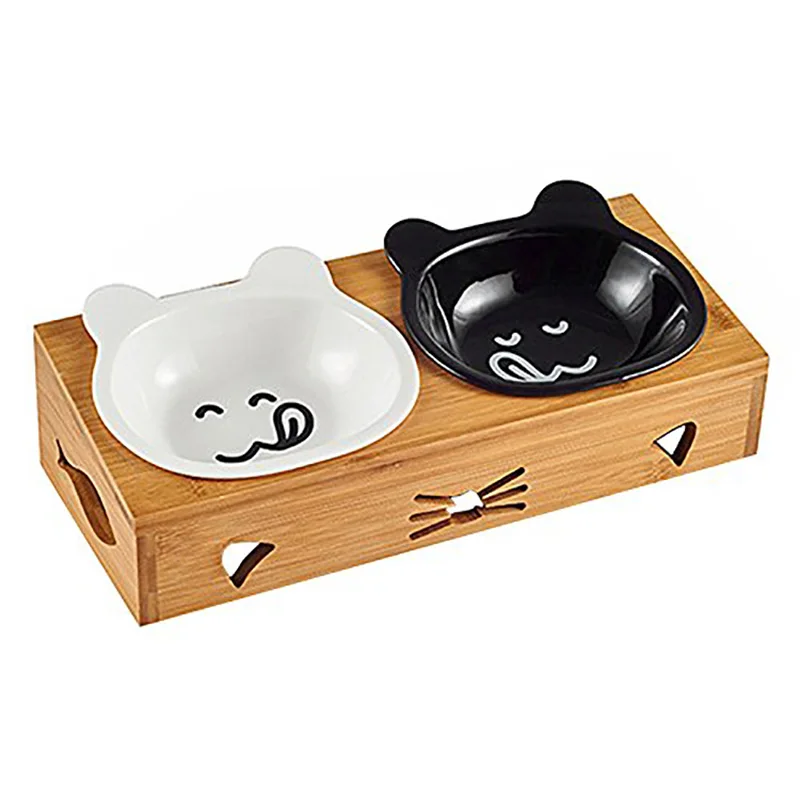 

Elevated Dog Cat Bowls, Raised Pet Feeder Solid Bamboo Stand Ceramic Double Pet Bowl,Suitable For Cats, Small And Medium Dogs Wh