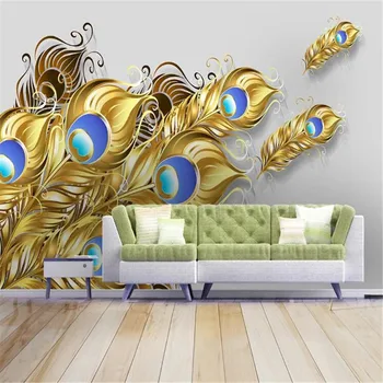 

Custom 3D wallpaper mural Nordic small fresh high-definition hand-painted golden-shaped feather bedroom background wall mural