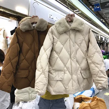 

Female Wadded Jackets 2019 New Autumn Winter Turn Down Fur Collar Loose Students Parkas Long Sleeve Women Cotton-padded Coat