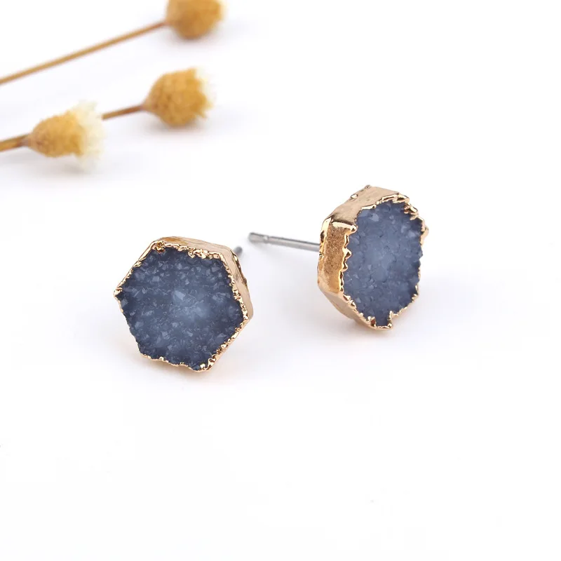 Fashion Bijoux Bohemian Female Slopes Geometric Small Hexagon Earrings Women Jewelry Druzy Resin Stud Earrings Earstuds (2)