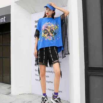 

summer suit female mesh stitching personality printing short-sleeved T-shirt + ribbon stitching shorts casual two-piece suit