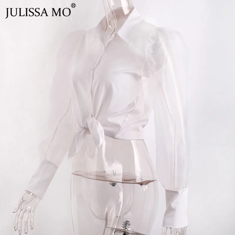 Julissa mo элегантная Офисная Женская белая блузка, рубашки с сетчатыми пышными рукавами и пуговицами, женские топы, зимние женские блузы с отложным воротником