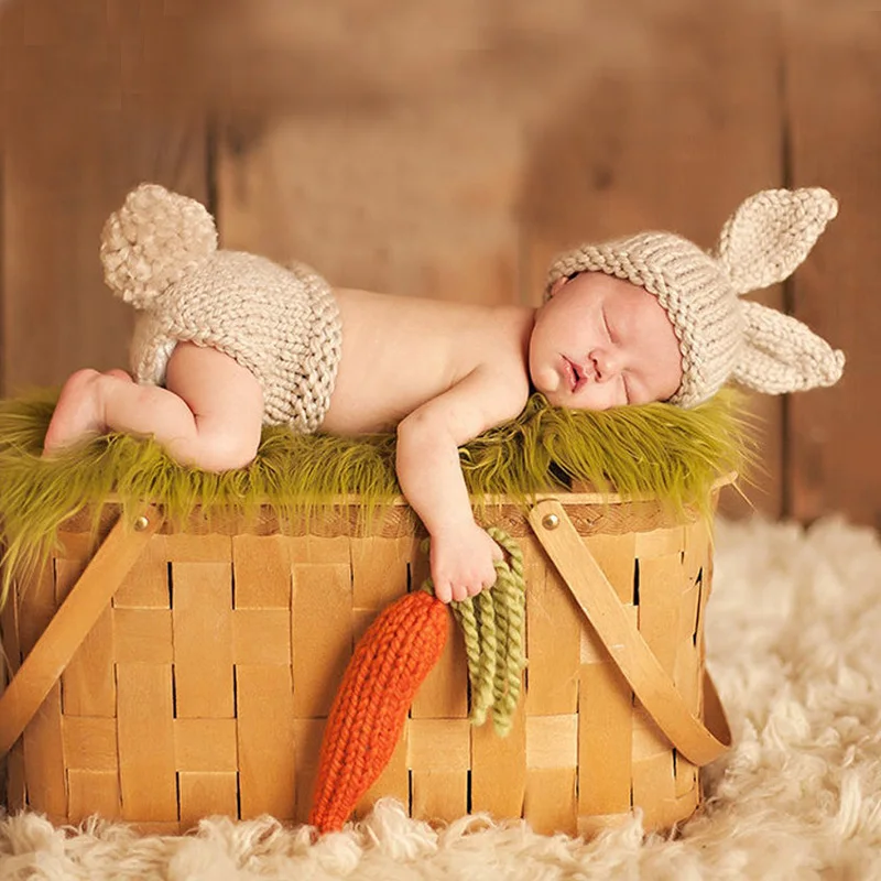 Baby Bunny Rabbit Outfit Crochet Newborn Photo Prop Costume Set Hand Knitted Toddler Easter Hat Diaper Cover with Carrot | Детская