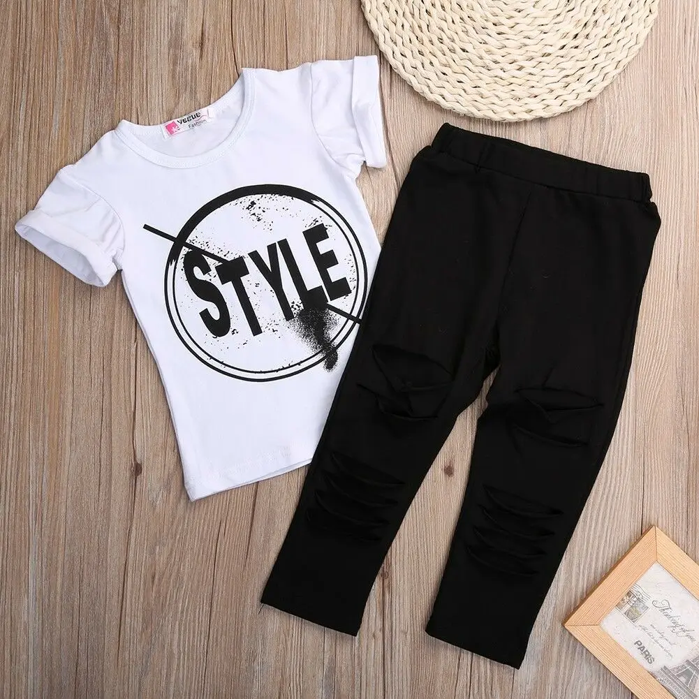 Комплект одежды для маленьких девочек; Стильная летняя футболка с короткими рукавами и круглым вырезом и надписью; топы; штаны; леггинсы; комплект одежды из 2 предметов - Цвет: Белый