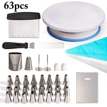 

63PCS Rotating Cake Stand Decorating Tools Set Cake Turntable Cake Spatula Piping Mouth Piping Nozzles Base DIY Cake Tool