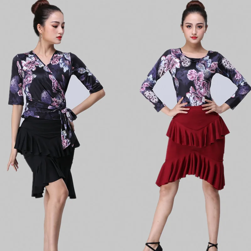 

Adult Latin Dance Costume Women Modern Dance Hip Dress Practice Short Skirt Lotus Leaf Printed Design Top Performance Dancewear