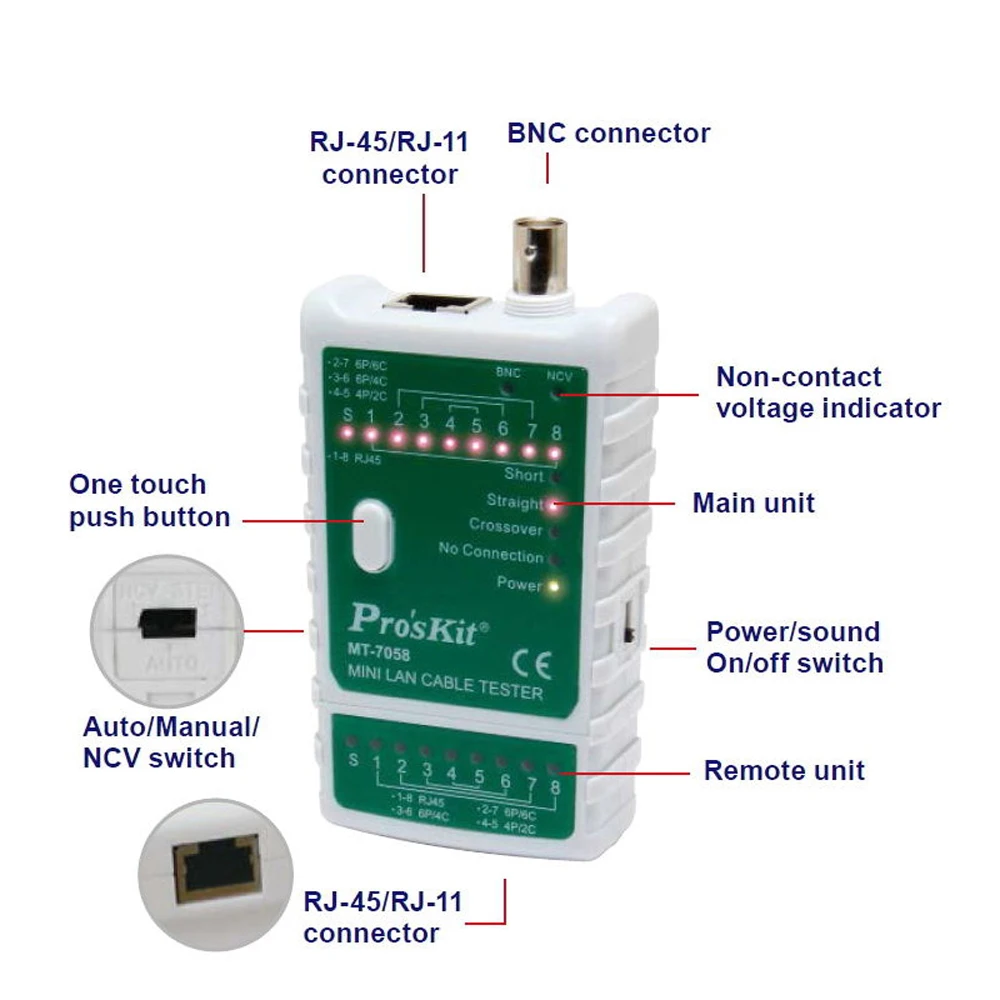 Мини Pro'sKit MT-7058 Многофункциональный BNC Кабель сетевой тестер беспроводной провод напряжение Detecto кабель трекер проверки