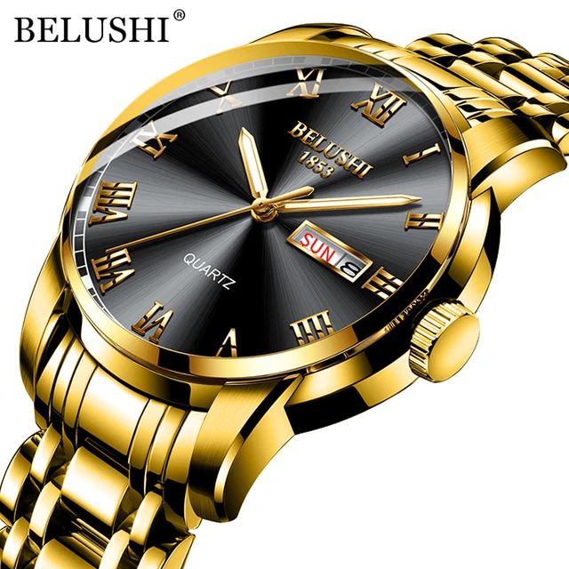 BELUSHI Top Brand Luxury Mens Watches Luminous Waterproof Stainless Steel Watch Quartz Men Date Calendar Business Wristwatch Golden Black