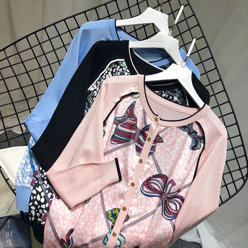 European Women Print Tie Bow Cardigans Vintage Woman Sweaters Lady Autumn Pink Blue Knitted |