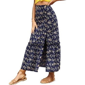 

Skirt Women Mid-Length Summer Bohemian Beach Skirt Waist Split Exposed Thigh Bag Hip Slim Skirt Blue