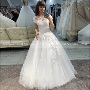 

White Ball Gown Wedding Dresses With Cap Sleeves Sheer O-neck Tulle Russia Bride Wedding Gowns Lace Appliques Vestido De Novia