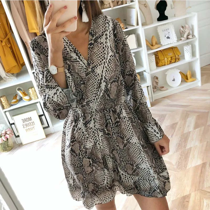 Women Leopard Snake Print Striped Dress Sexy V-Neck Long Sleeve Party Elegant Dress Autumn New Fashion A-line Mini Dresses - Цвет: as picture