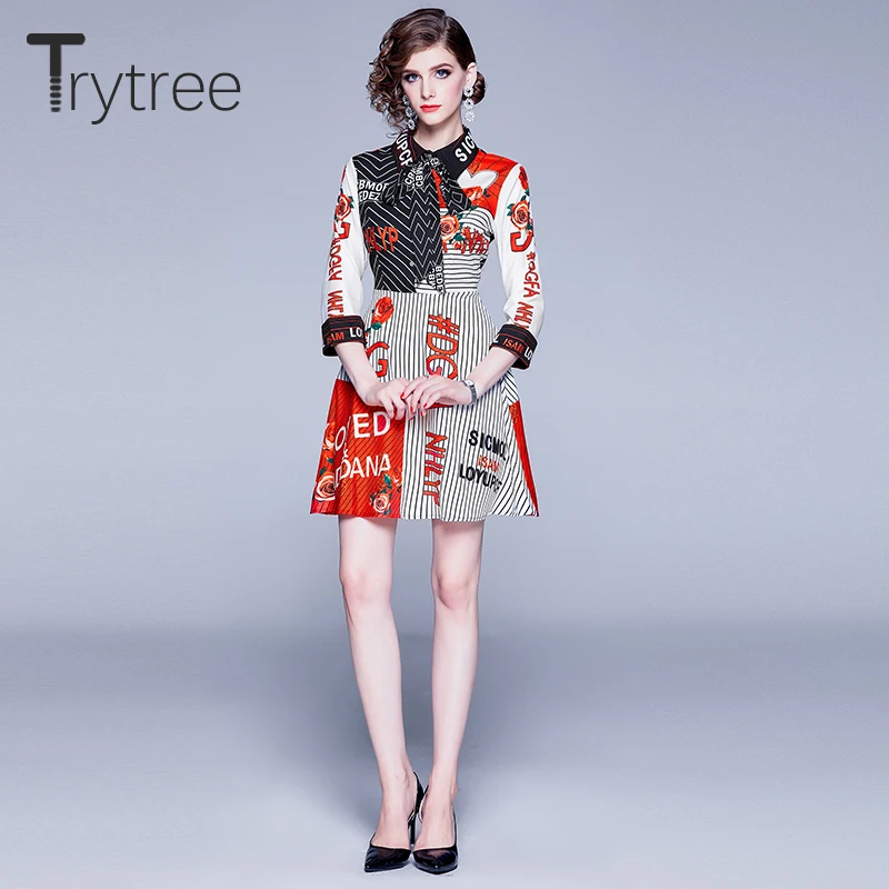 Trytree осеннее женское Повседневное платье с отложным воротником три четверти рукав ремень с принтом Модное Элегантное мини красное платье трапециевидной формы