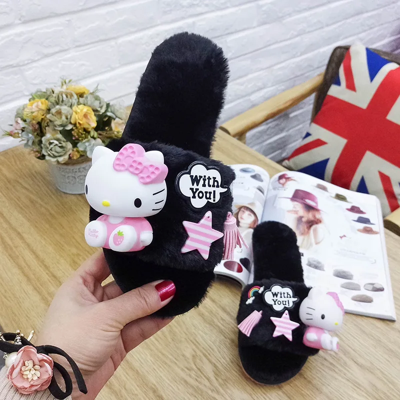 Winter Home Slippers Women Fur Plush Sandals Hello Kitty Woman Indoor Slippers House Shoes Socofy Platform Shoes Potato Slippers