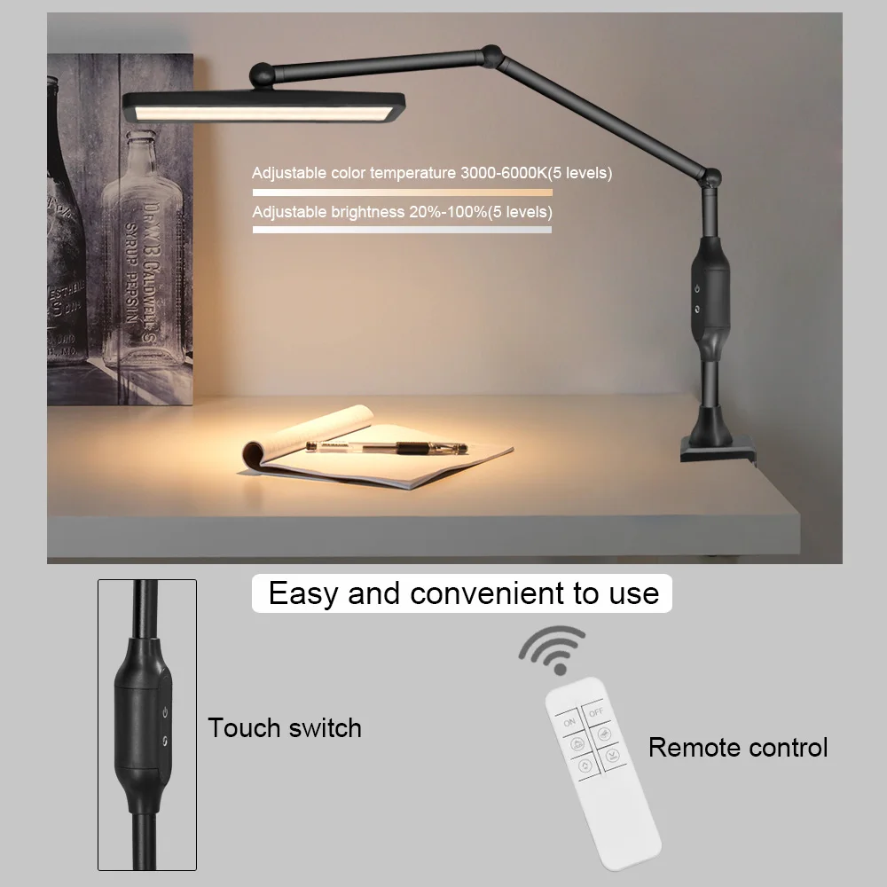 Long Arm Clip-on Lamp Adjustable Brightness Remote Control Touch Dimmer LED Table Lamp For  Reading Room Business Office Work 4