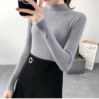 

Autumn Winter Half Turtleneck Pullover Sweaters Fashion Slim Long Sleeve Knitted Short Sweaters Ladies Pullovers Sweater FP1228