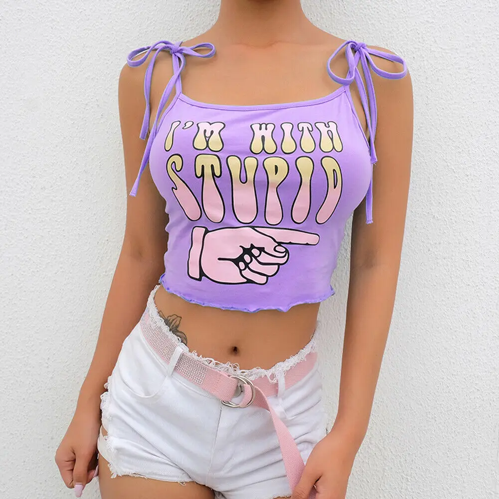

Adjusted Sling Funny Letters Fingers Print Crop Tops Women Casual Vest Sleeveless Strappy Hem Short Tanks Camis Clubwear New