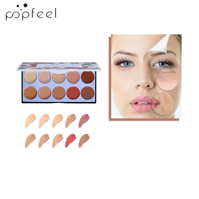 POPFEEL, 10 цветов, стойкий консилер для лица, палитра+ кисть, полное покрытие, акне, красная кровь, водостойкая, основа, Праймер, набор для макияжа