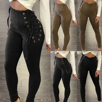 

Women Solid Color Side Bondage Back Zip High Waist Fitness Pencil Pants Trousers