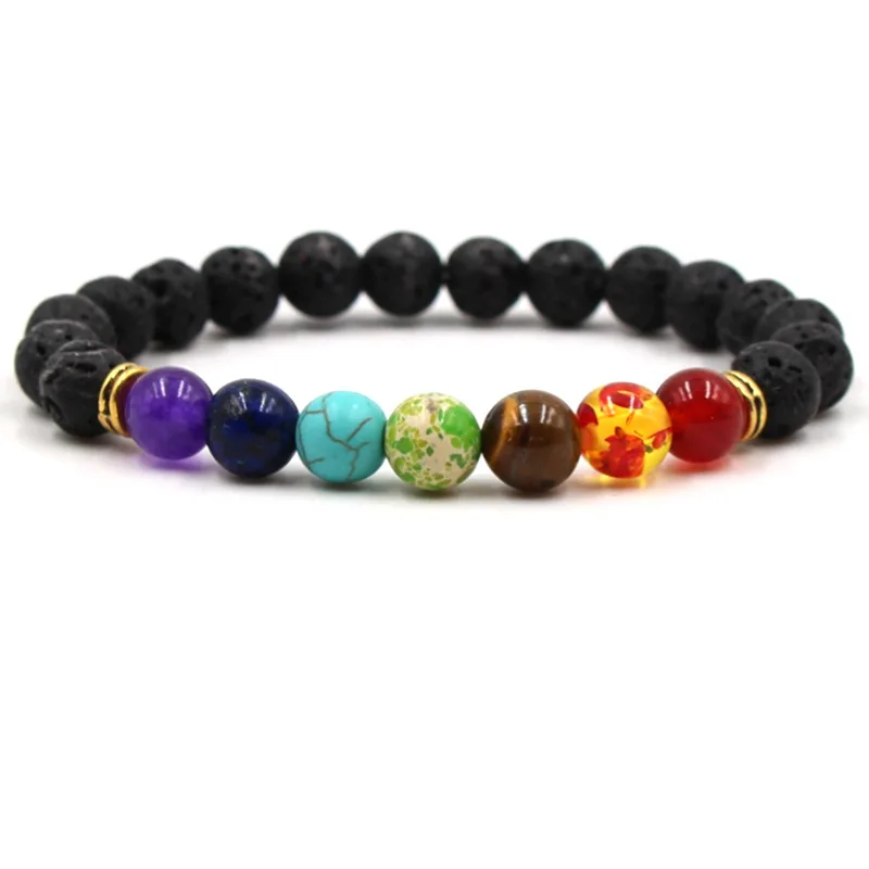 

Hot Natural Black Volcanic Lava Stone Distance 7 color beads Bracelets Bangles for Men and Women Charm Jewelry fashion Pulseras