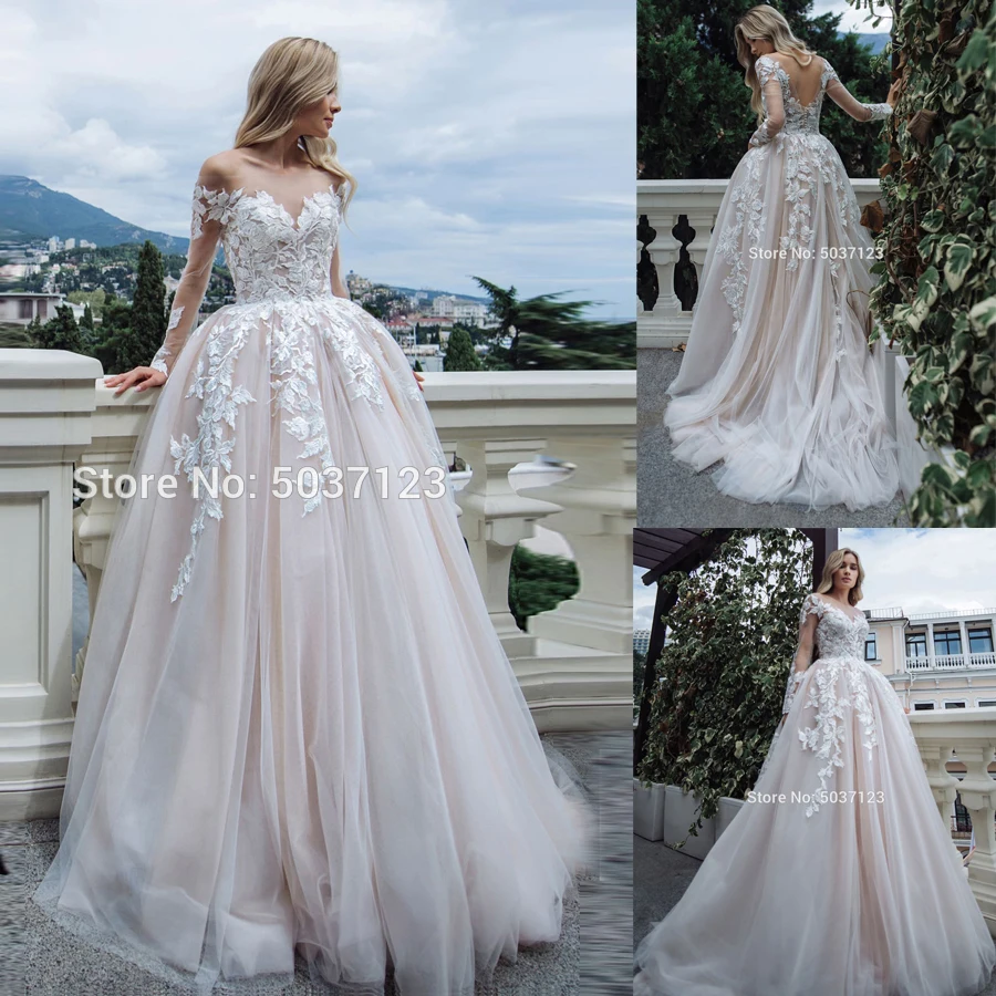 

Long Sleeves Wedding Dresses Off the Shoulder V Neck Bridal Wedding Gown Lace Appliques Floor Length Illusion Vestido De Noiva