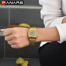 

PANARS Men Digital Watch Waterproof Gold Color Stainless Steel Band Watches Men Women Sport Watch Simple Fashion Wristwatch