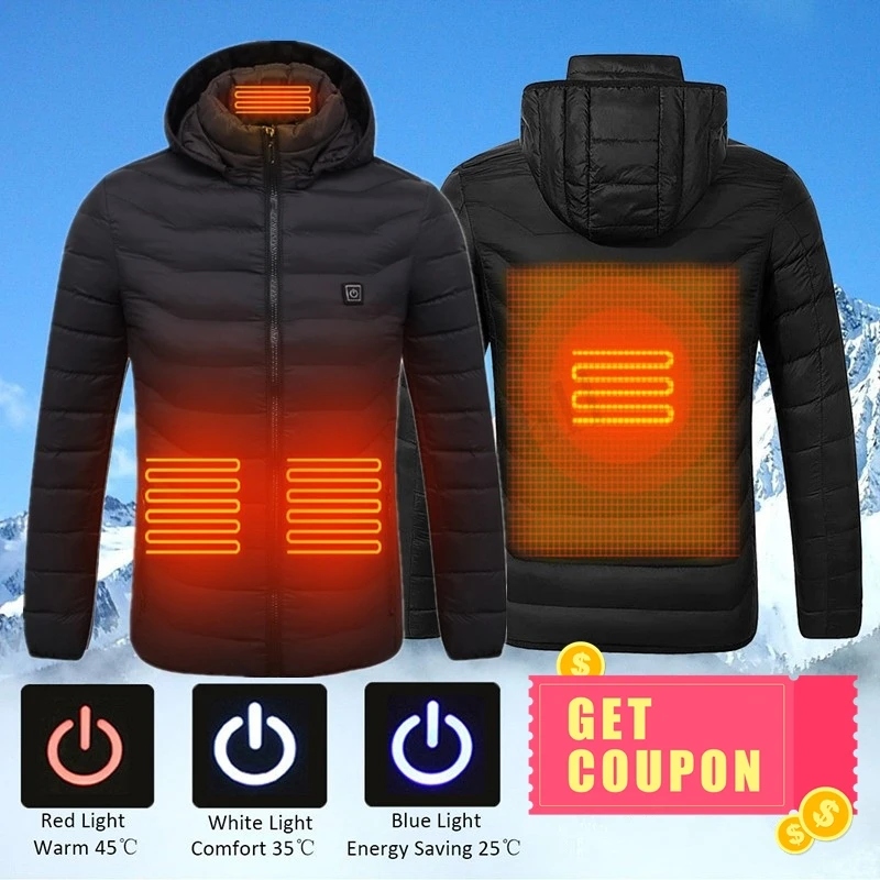 

High Quality Heated Jackets USB Heating Cotton Men Outdoor Hiking Ski Coat Electric Heating Hooded Warm Winter Thermal Coat