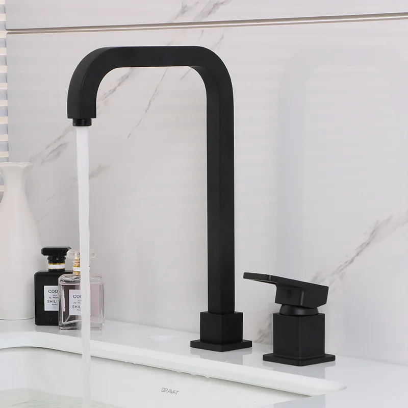 Tuqiu смеситель для раковины Ванная комната Супер длинная труба с двумя отверстиями черная ванная комната кран для раковины кран 360