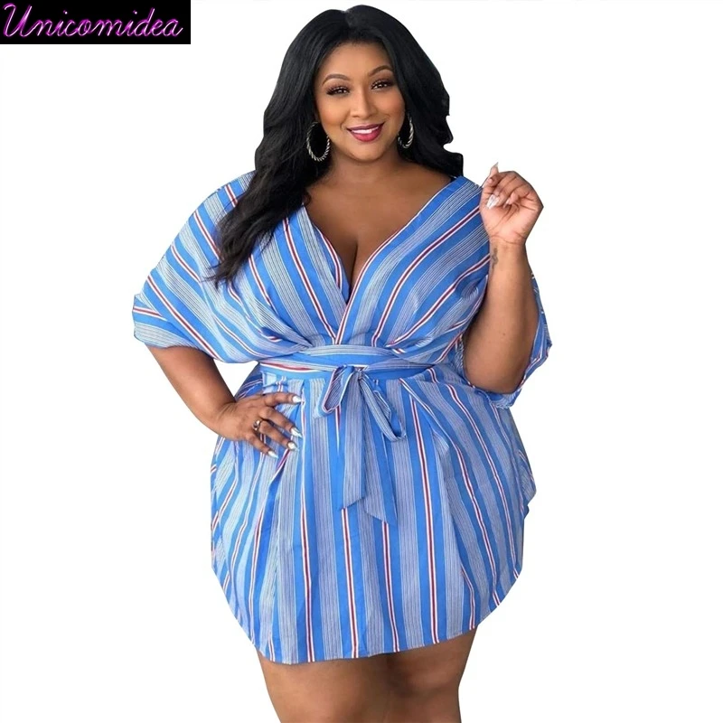 

2019 Large Size New Deep V Neck Classic African Women's Dress Dashiki Fashion Stretch Printed Stripe Bow Tie Mini Dress Size 3XL