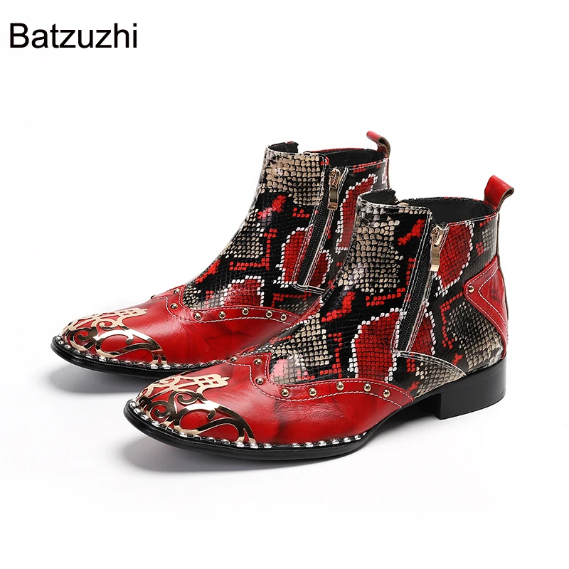 Batzuzhi New Handmade Men Shoes Square Toe Red Genuine Leather Boots Men Zip Short Knight, Party and Wedding Botas Hombre