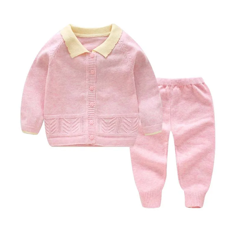 Pink 4 Осенне-зимний комплект для маленьких мальчиков и девочек, Хлопковый вязаный кардиган, свитер, детская одежда, теплые штаны для малышей, Одежда для новорожденных - Цвет: Pink 4