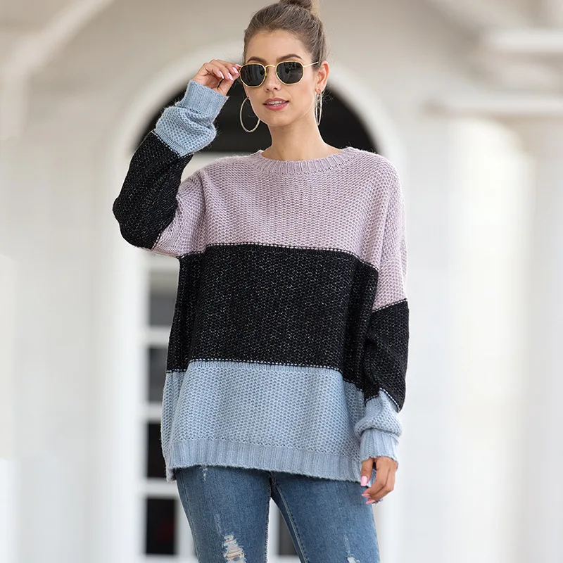 Женский вязаный свитер размера плюс, повседневная женская зимняя одежда с длинным рукавом, свободный свитер, пуловер, Осенний Теплый