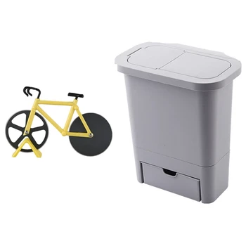 

2 Pcs Kitchen Accessories: 1 Pcs Bicycle Pizza Cutter Yellow & 1 Pcs Cabinet Door Hanging Trash Can with Lid